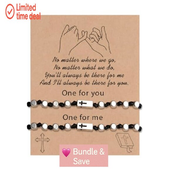 Adjustable Cross Bracelet Set, Copper & Silver Beads, Mother Daughter Gift - Picture 2 of 8